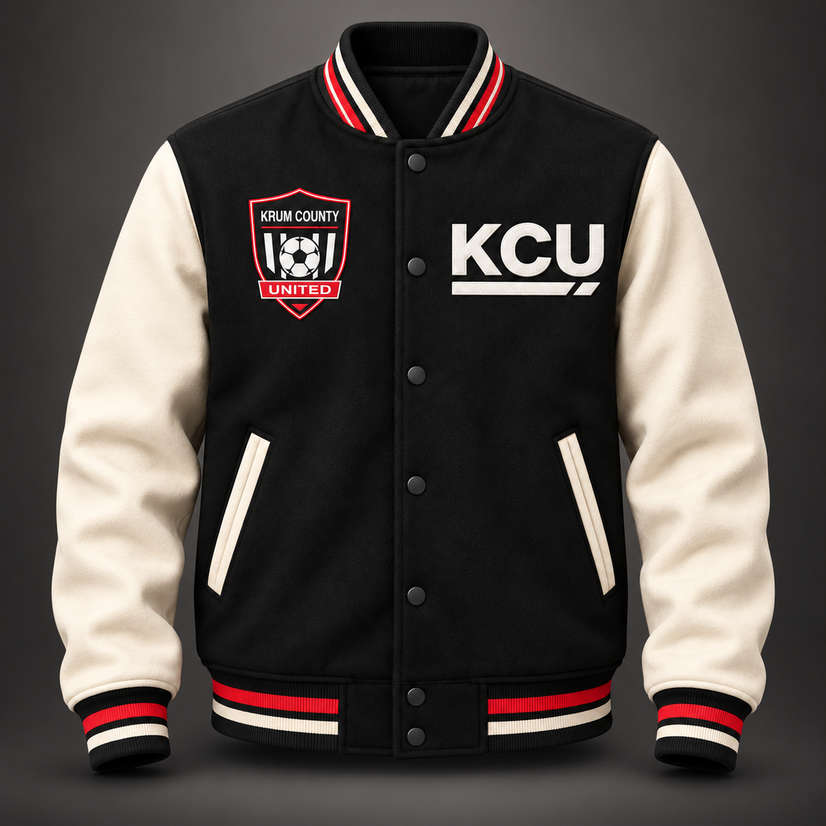 Black and cream Krum County United varsity jacket with a white KCU appliqué and crest patch.