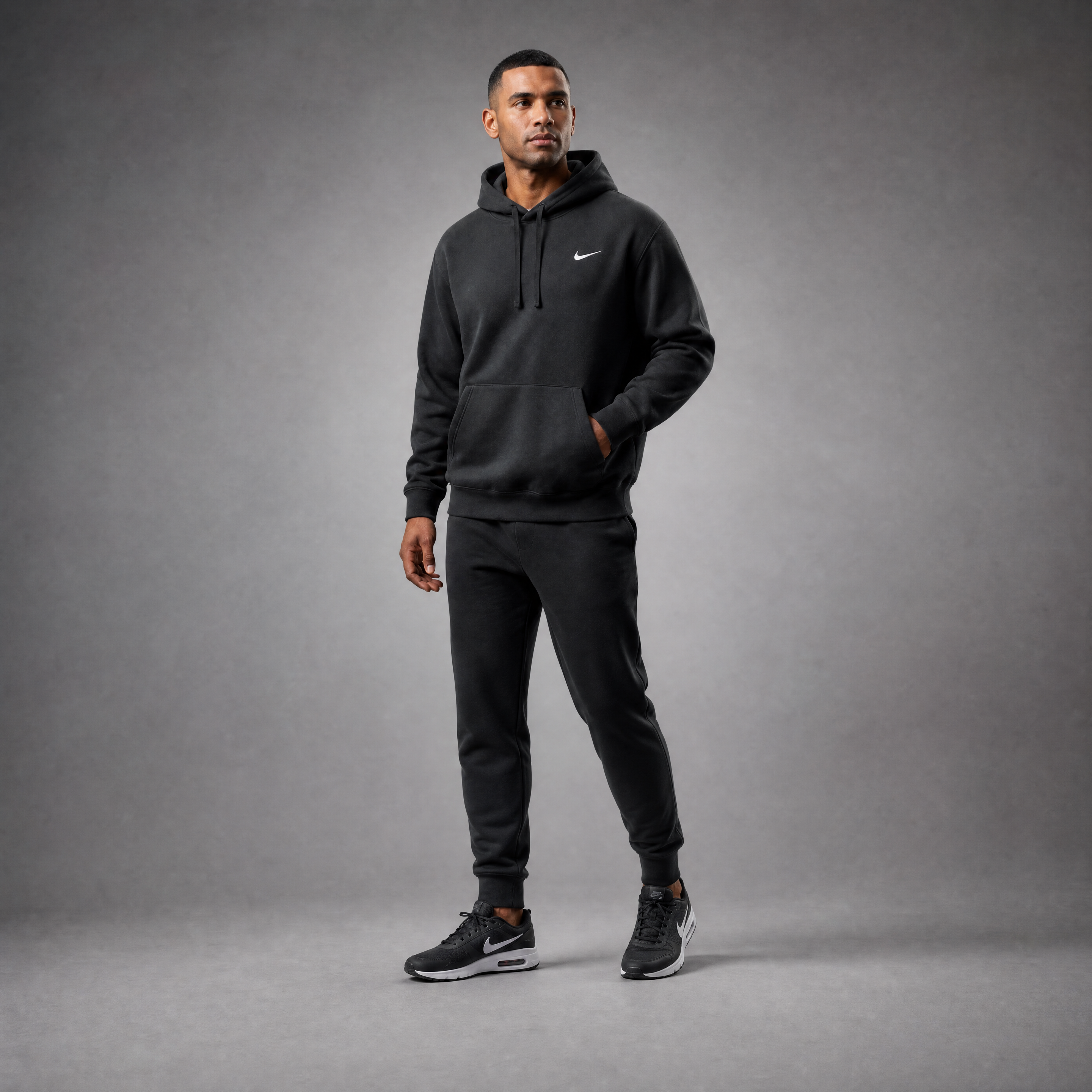 Male athlete modeling the black FCTR Apparel Nike Club Hoodie