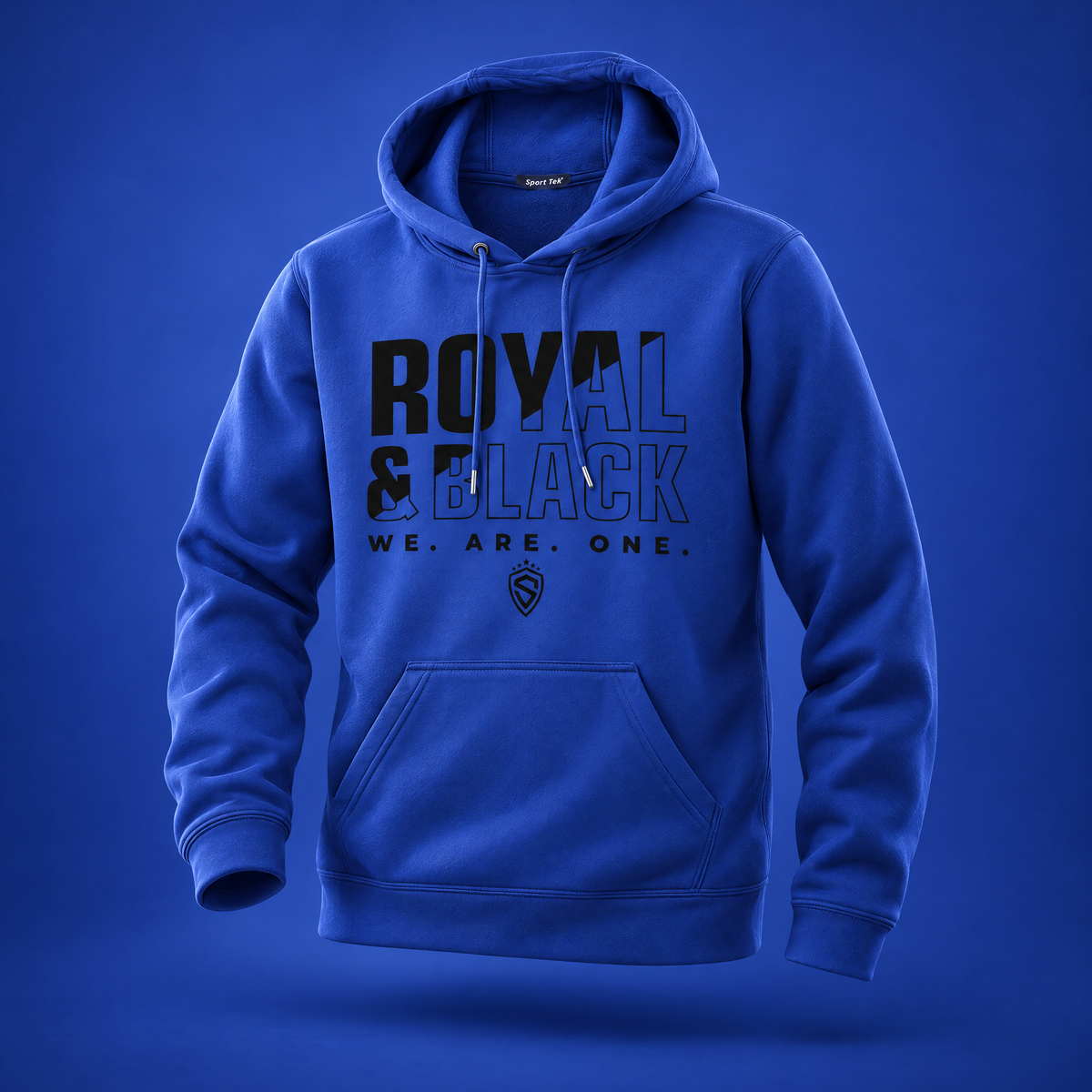 Royal blue Sting Royal & Black hoodie with club graphic, front view