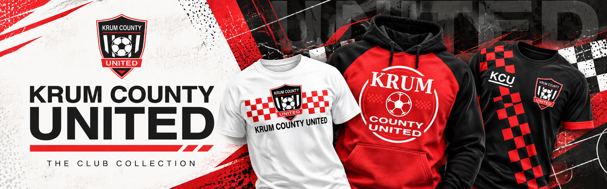 Krum County United Club Collection banner featuring red, white, and black apparel