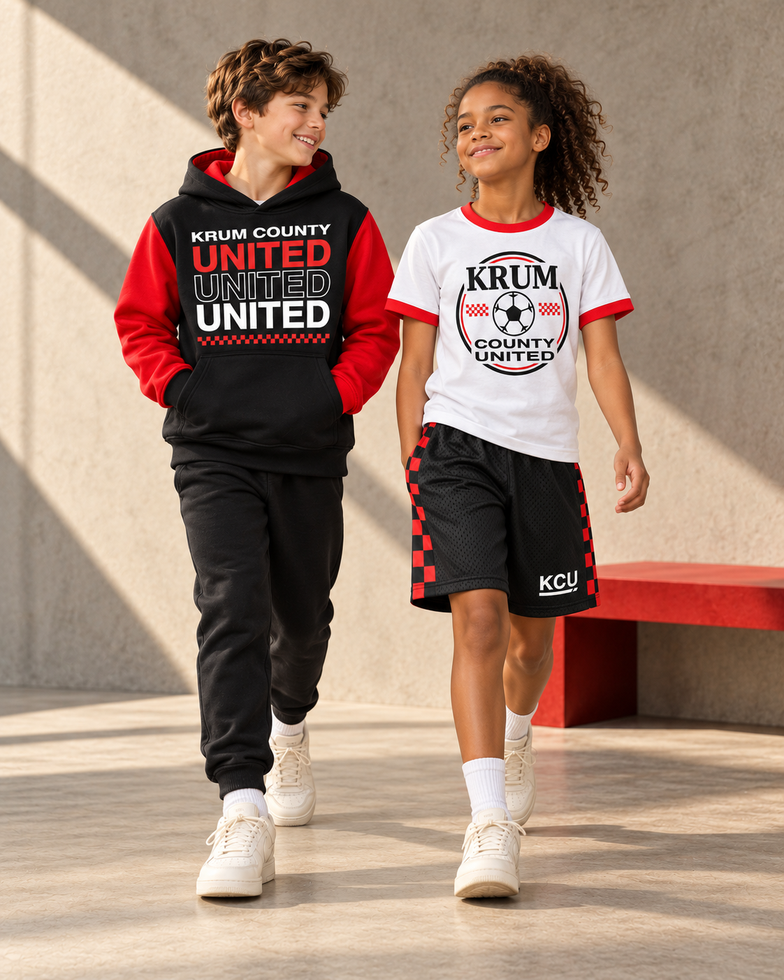 Two youth models wearing Krum County United fan apparel