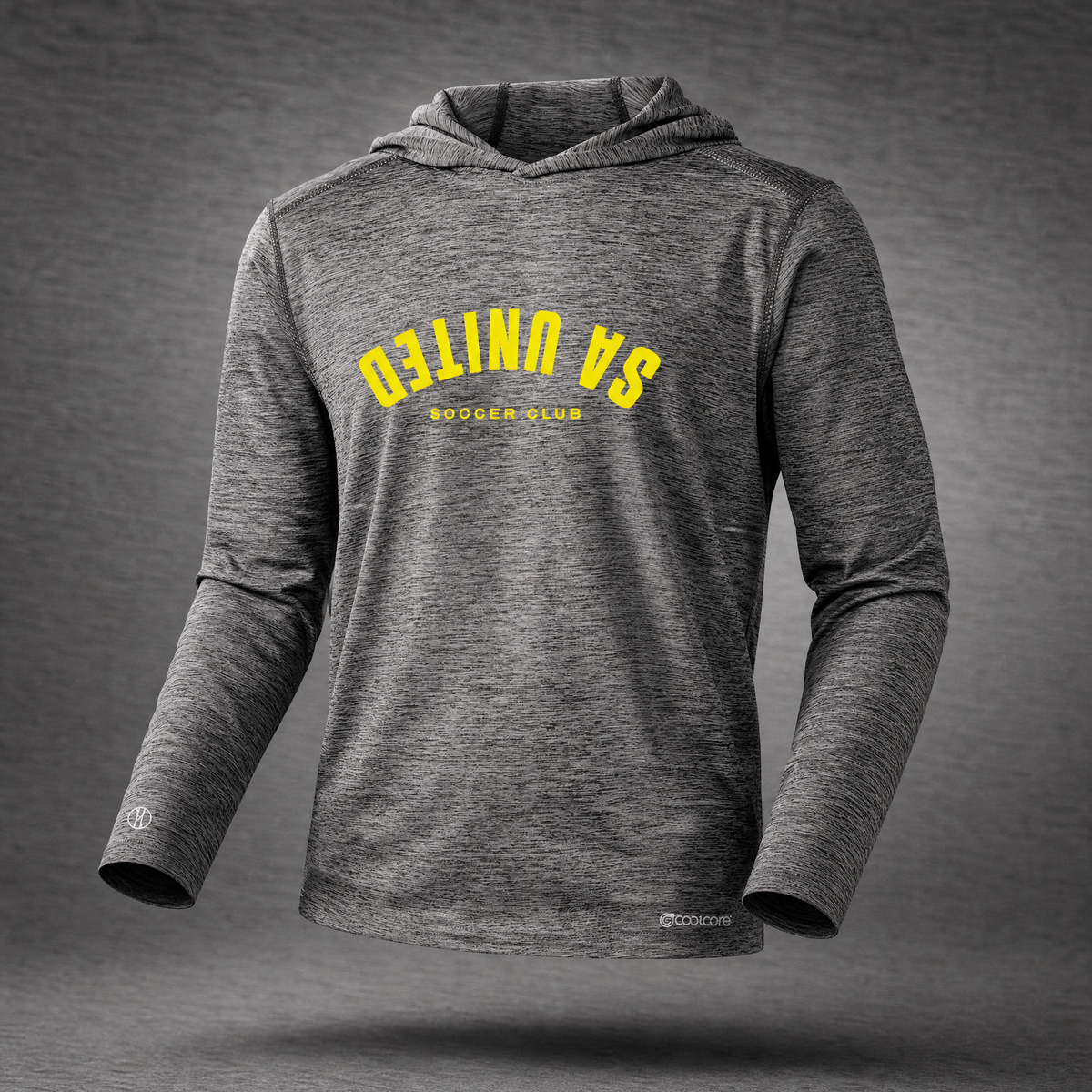 Gray hoodie with yellow text on a white background