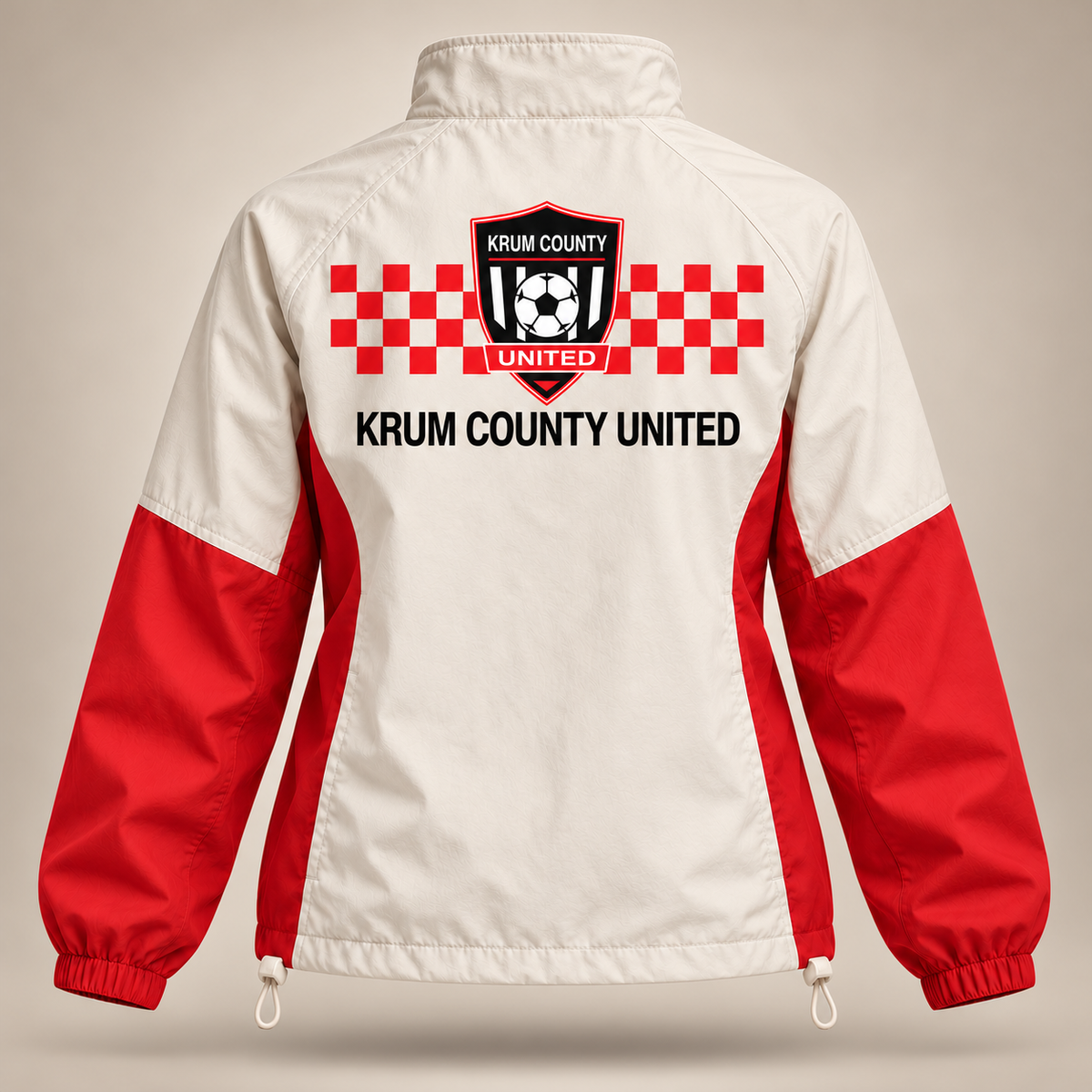 Back of the cream and red Krum County United windbreaker with a checker bar, crest, and club lettering.