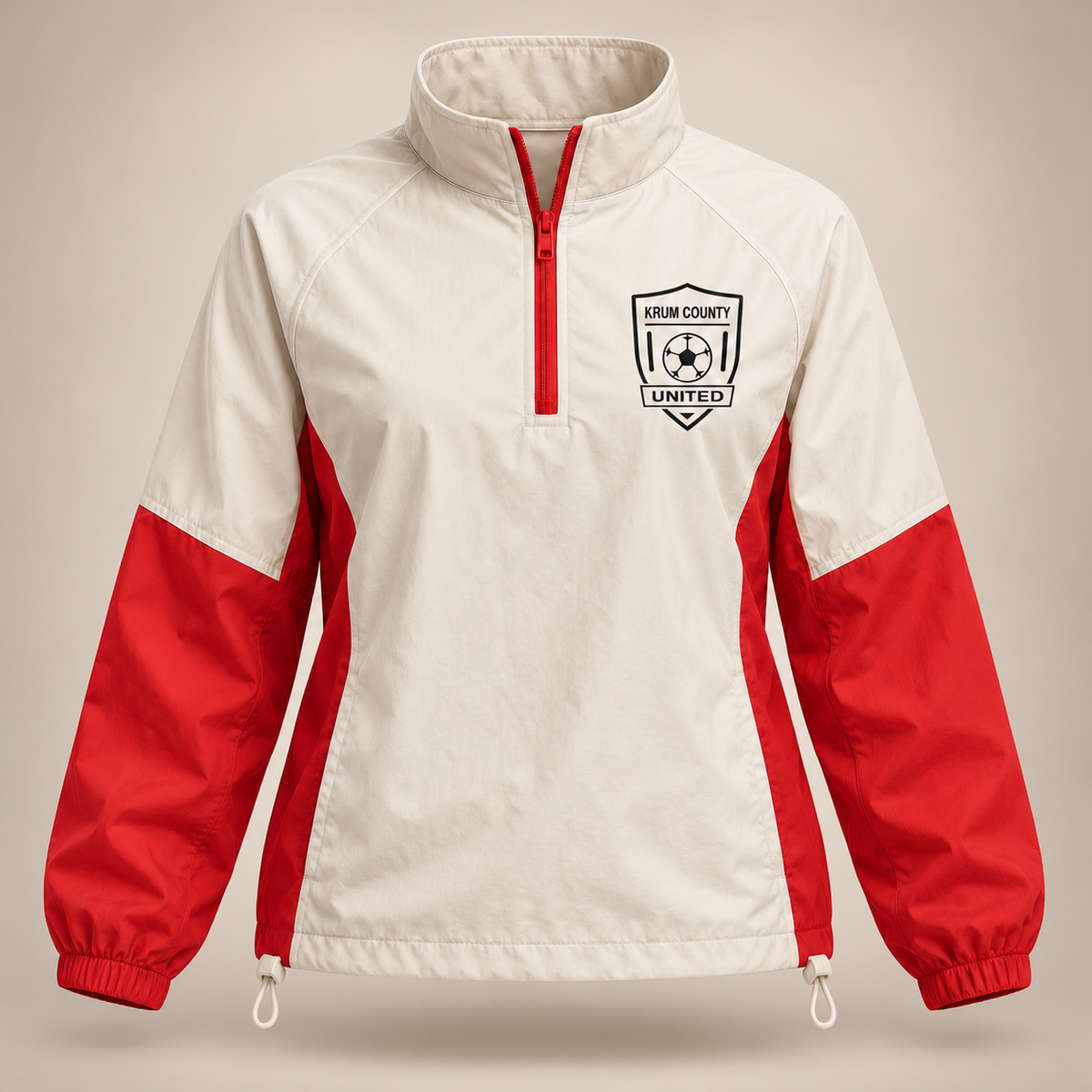 Cream and red Krum County United half-zip windbreaker with a black left-chest crest.