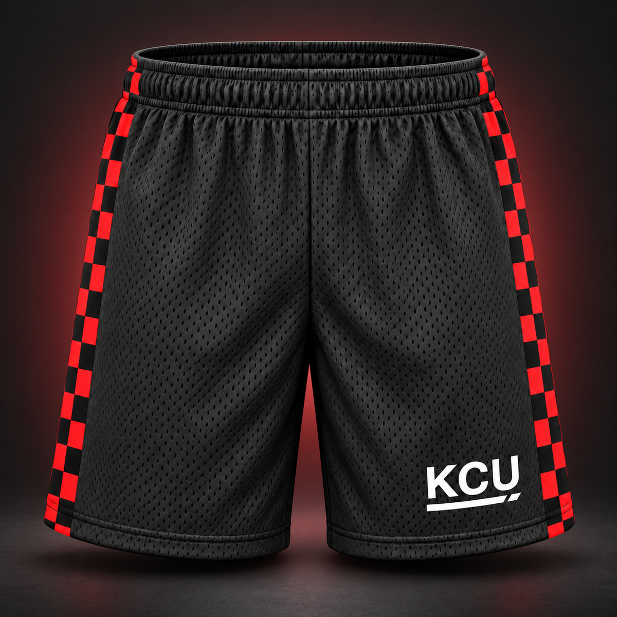 Charcoal youth Krum County United mesh shorts with red checker side panels and a white KCU mark.